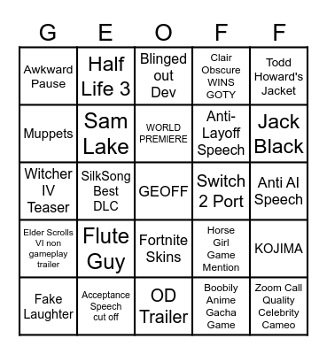 Game Awards 2025 Bingo Card Bingo Card