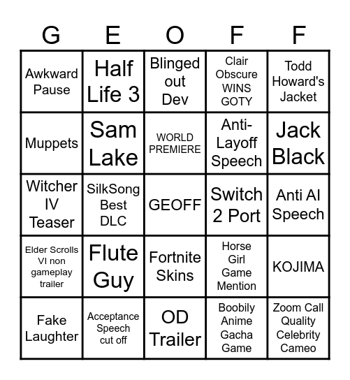 Game Awards 2025 Bingo Card Bingo Card