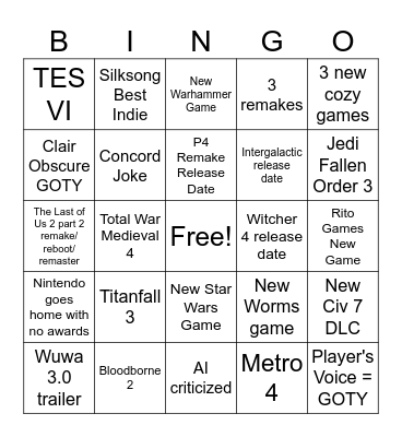 Game Awards 2025 Bingo Card