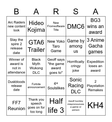 Game Awards 2025 Bingo Card