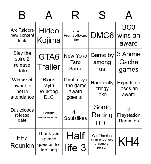 Game Awards 2025 Bingo Card