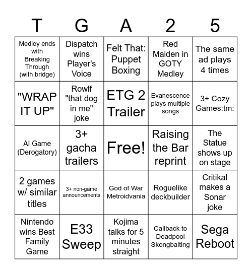 Capsid's TGA Bingo Card