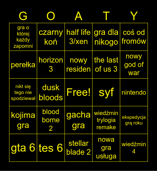 G O A T Bingo Card