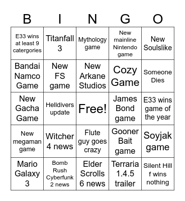 The game awards 2025 Bingo Card