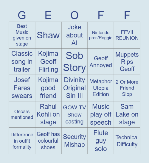 Geoff Awards 2025 Bingo Card