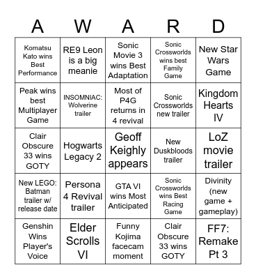 Game Awards 2025 Bingo Card