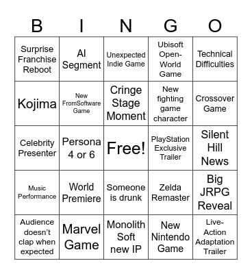 The Game Awards 2025 Bingo Card