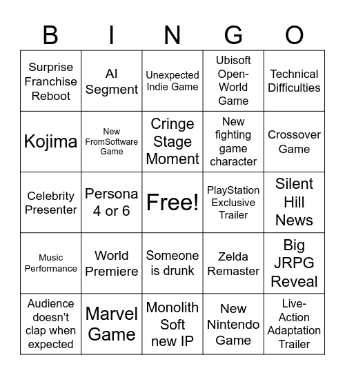 The Game Awards 2025 Bingo Card