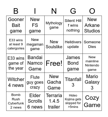 The game awards 2025 Bingo Card