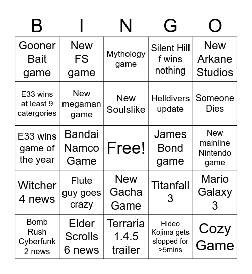 The game awards 2025 Bingo Card