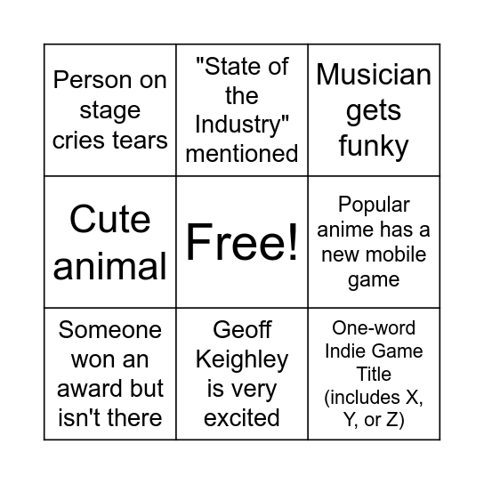 Game Awards Bingo Card