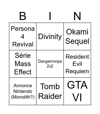 Game Awards Bingo Card