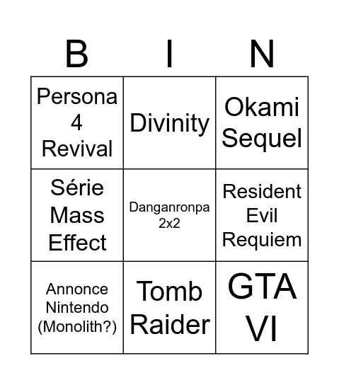Game Awards Bingo Card