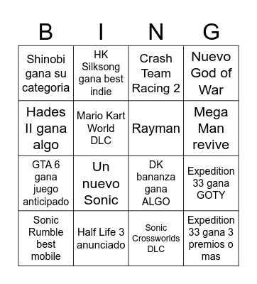 Game Awards Bingo Card