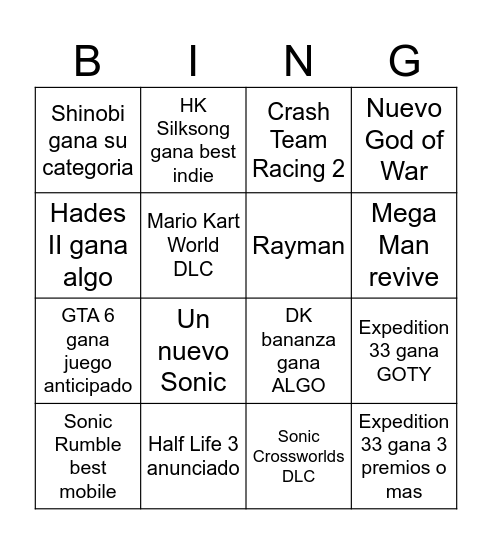 Game Awards Bingo Card