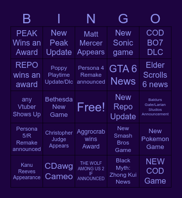 2025 Game Awards Bingo Card