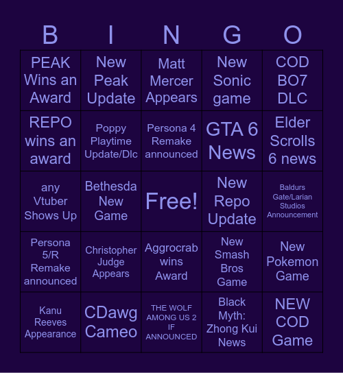 2025 Game Awards Bingo Card