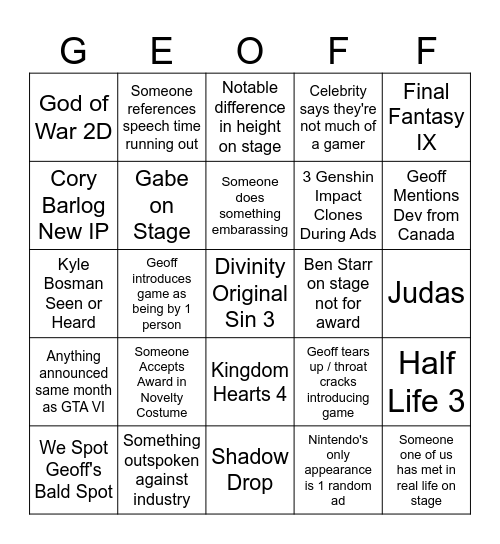 Game Awards Bingo Card
