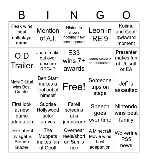 GAME AWARDS BS Bingo Card