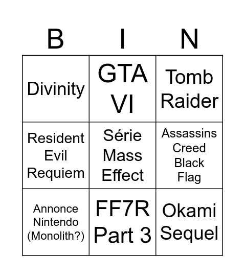 Game Awards Bingo Card