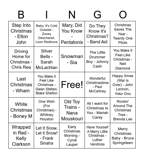Holiday Music Bingo Card