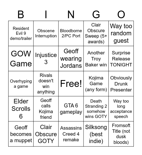 The Game Awards Bingo Card