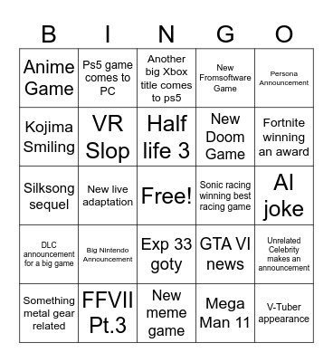 Goty 2025 bingo Card