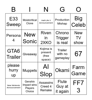 Game Awards 2025 Bingo Card