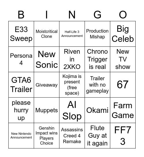 Game Awards 2025 Bingo Card
