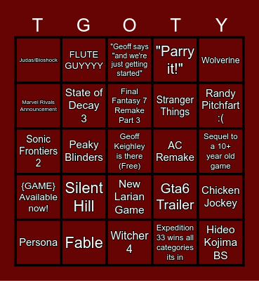 TGA Bingo Board Bingo Card