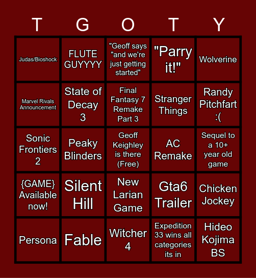 TGA Bingo Board Bingo Card
