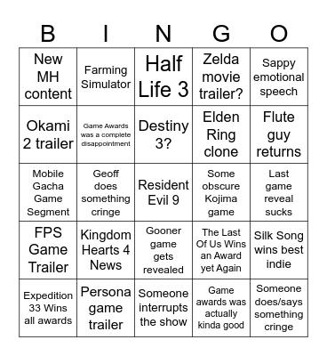 The Game Awards 2025 Bingo Card