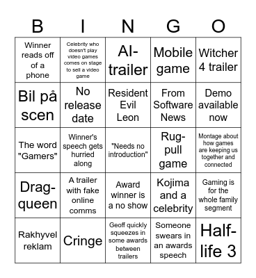 TGA Awards Bingo Card