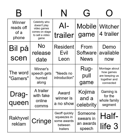 TGA Awards Bingo Card