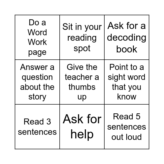 Reading Bingo Card
