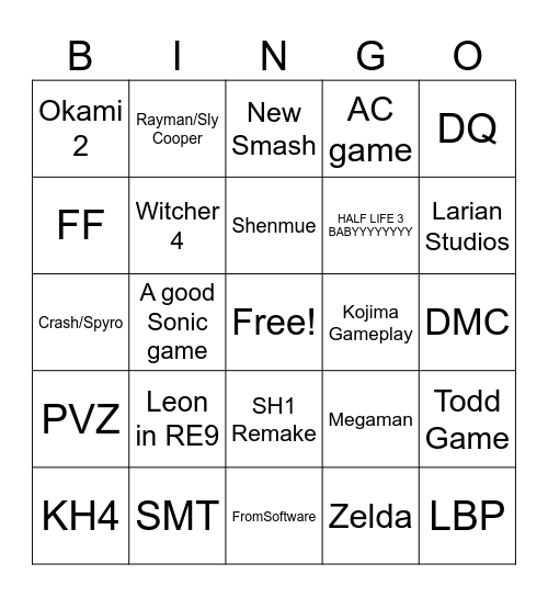 Game Awards Games Bingo Card