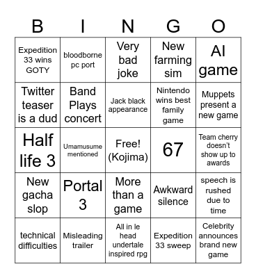 Game Awards Bingo Card