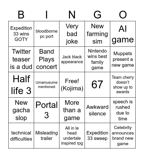 Game Awards Bingo Card