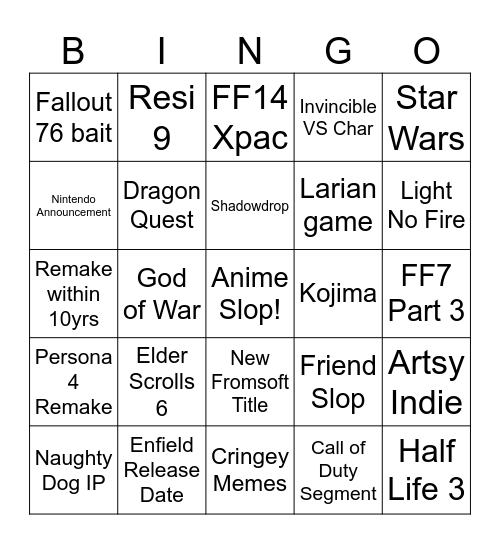 GameAwardsBingo Card