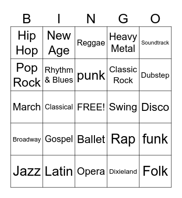 Music Genre Bingo Card