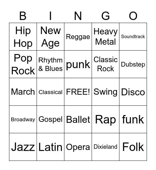 Music Genre Bingo Card