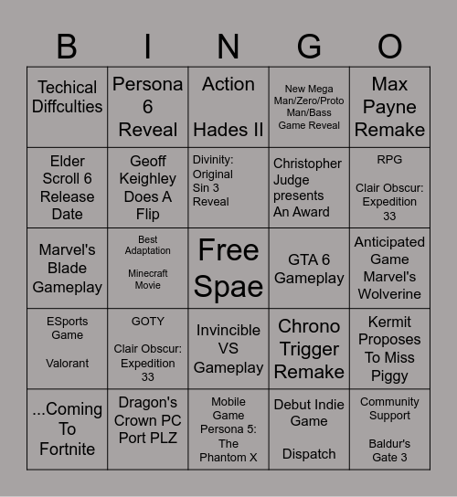 Game Awards 2025 BINGO Card