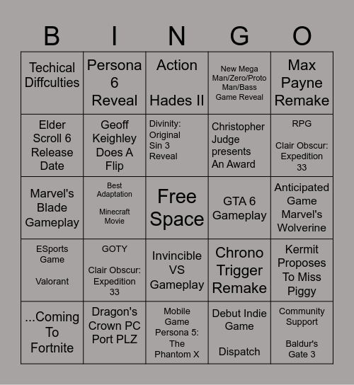 Game Awards 2025 BINGO Card