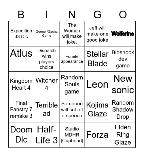 Game Awards Bingo Card