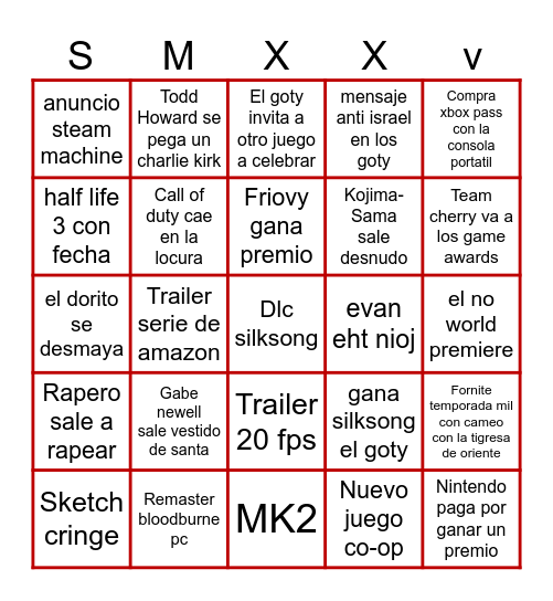 Bingo de los Game Awards Bingo Card