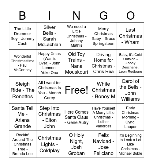 Holiday Music Bingo Card