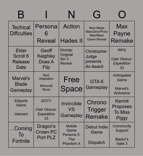 Game Awards 2025 BINGO Card