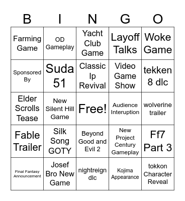 The Game Awards 2025 Bingo Card