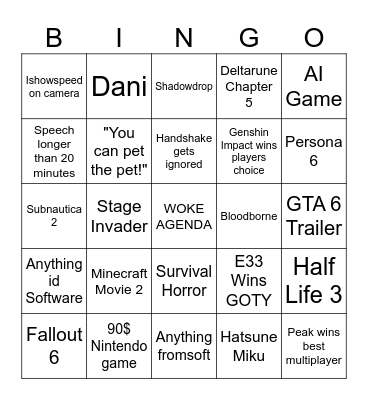 Game Awards Bingo Card