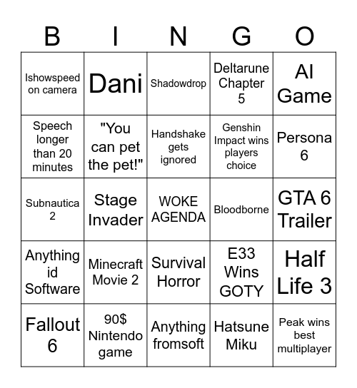 Game Awards Bingo Card